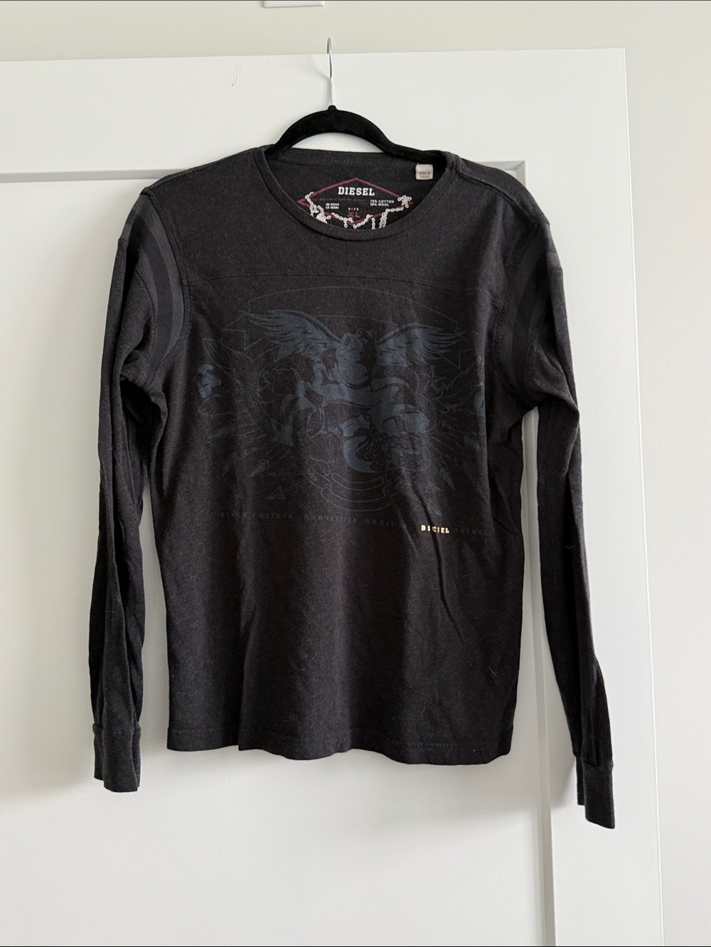 Diesel Black Cotton& Wool Long-Sleeve Tonal Graphic Tee, SIZE XL